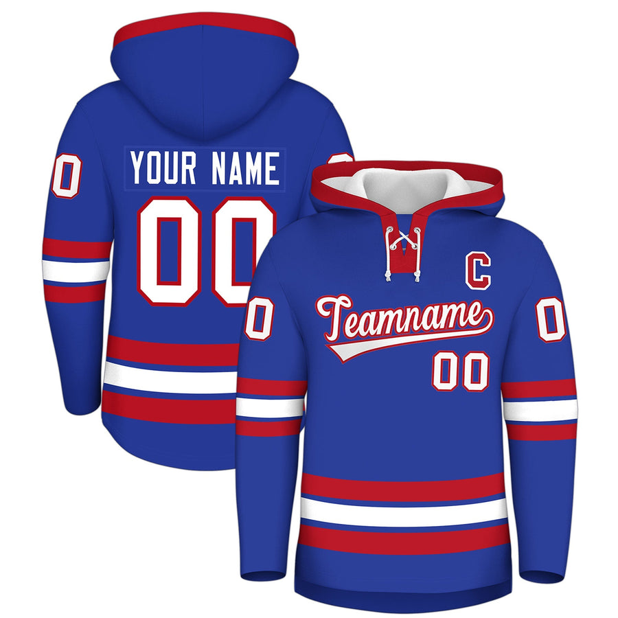Custom Royal Blue Red Classic Style Wrinkle-Resistant Lace-Up Neck Hockey Hoodie | BuyFootballJersey
