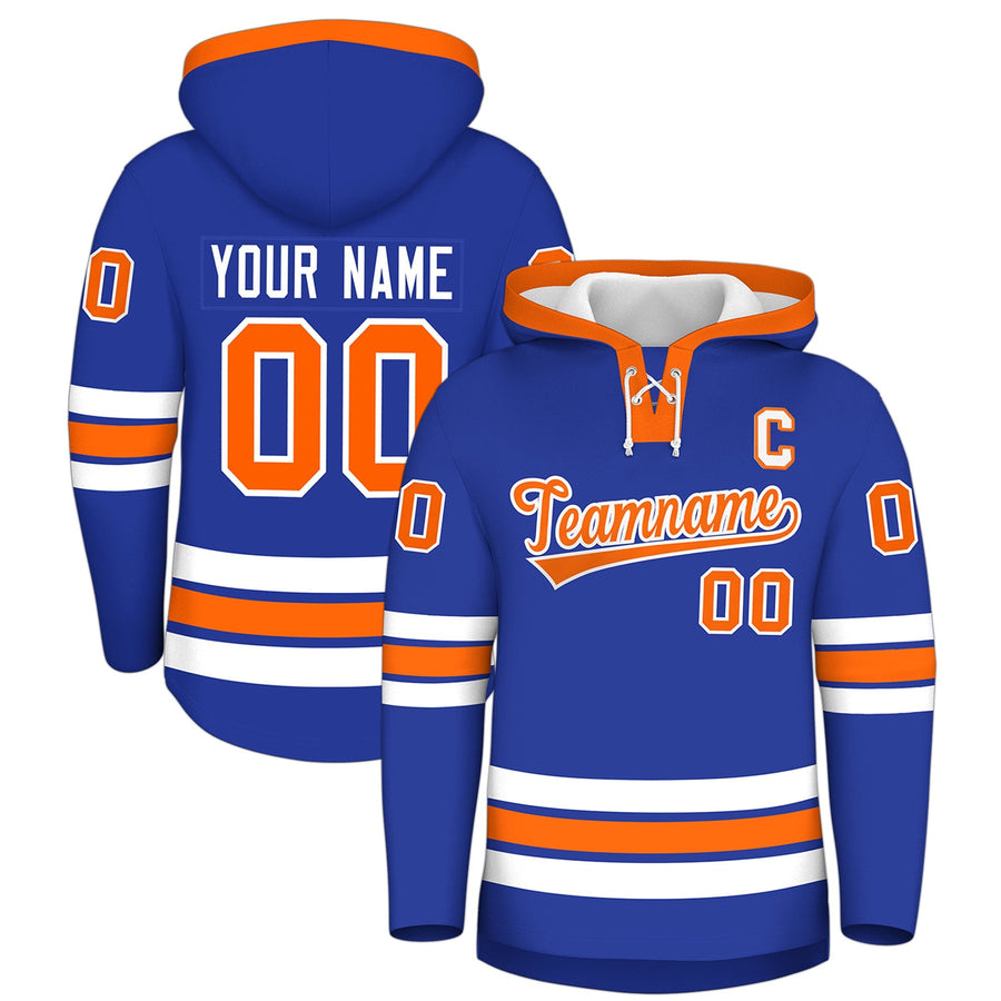 Custom Royal Blue Orange Classic Style Lace-Up Neck Hockey Hoodie | BuyFootballJersey