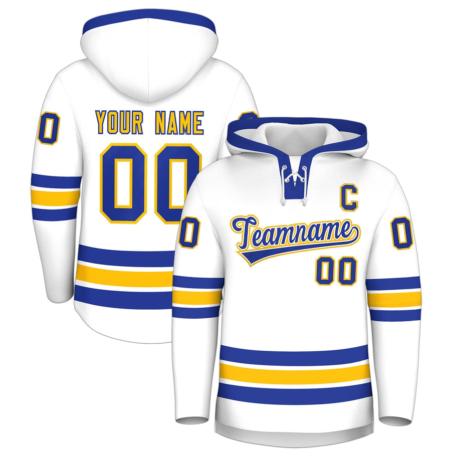 Custom White Royal Blue Classic Style Wrinkle-Resistant Lace-Up Neck Hockey Hoodie | BuyFootballJersey