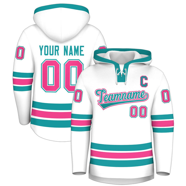 Custom White Aqua Classic Style Lace-Up Neck Hockey Hoodie | BuyFootballJersey
