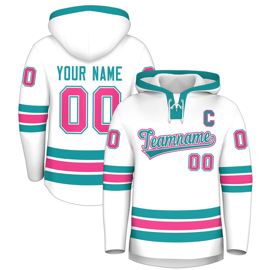 Custom White Aqua Classic Style Lace-Up Neck Hockey Hoodie | BuyFootballJersey
