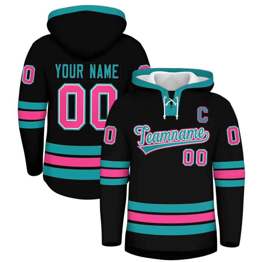 Custom Black Aqua Classic Style Wrinkle-Resistant Lace-Up Neck Hockey Hoodie | BuyFootballJersey