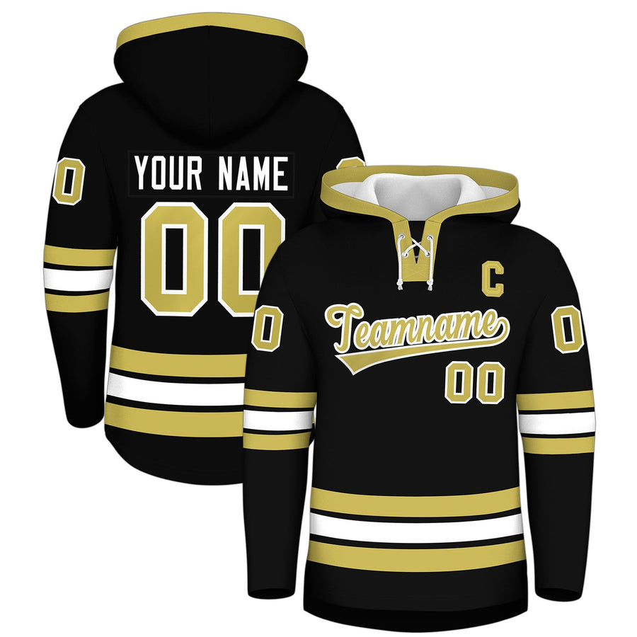 Custom Black Old Gold Classic Style Lace-Up Neck Hockey Hoodie | BuyFootballJersey