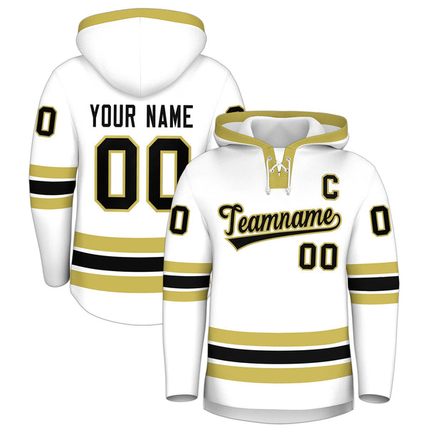 Custom White Old Gold Classic Style Wrinkle-Resistant Lace-Up Neck Hockey Hoodie | BuyFootballJersey
