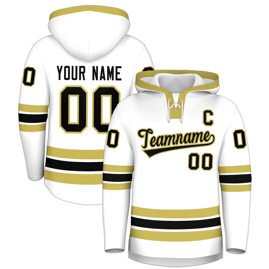 Custom White Old Gold Classic Style Wrinkle-Resistant Lace-Up Neck Hockey Hoodie | BuyFootballJersey