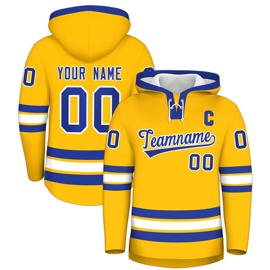 Custom Gold Royal Blue Classic Style Lace-Up Neck Hockey Hoodie | BuyFootballJersey