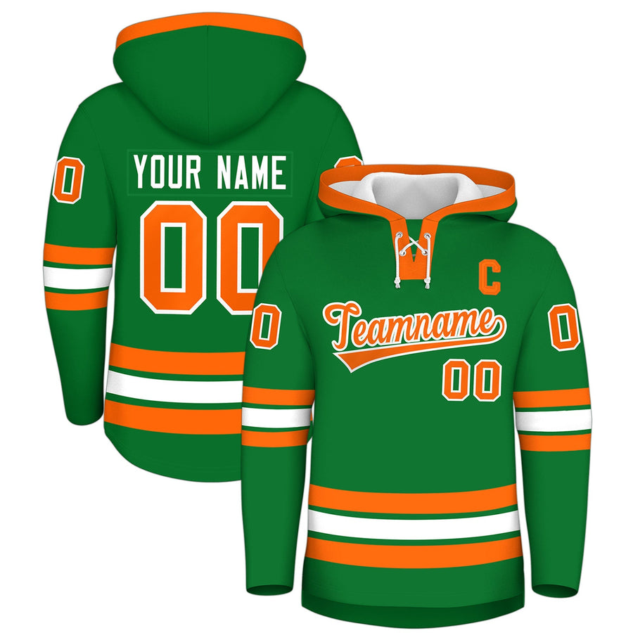 Custom Kelly Green Orange Classic Style Lace-Up Neck Hockey Hoodie | BuyFootballJersey