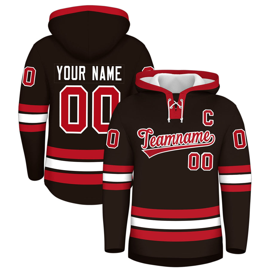 Custom Brown Red Classic Style Wrinkle-Resistant Lace-Up Neck Hockey Hoodie | BuyFootballJersey