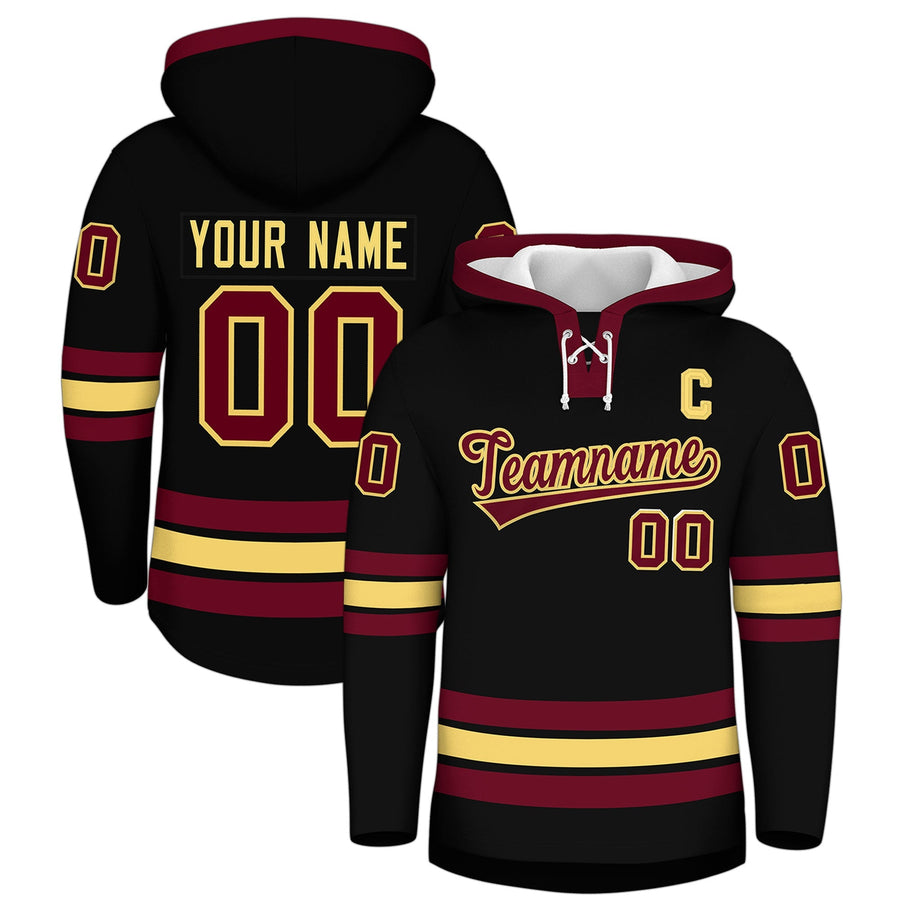 Custom Black Crimson Classic Style Lace-Up Neck Hockey Hoodie | BuyFootballJersey