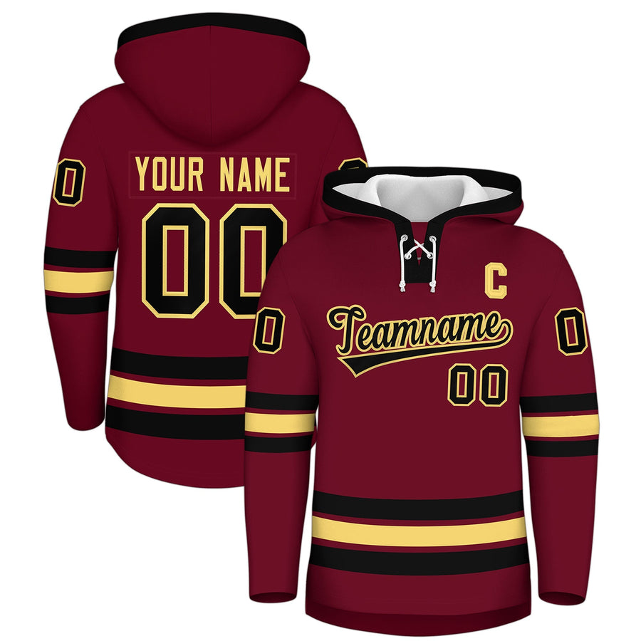 Custom Crimson Black Classic Style Wrinkle-Resistant Lace-Up Neck Hockey Hoodie | BuyFootballJersey