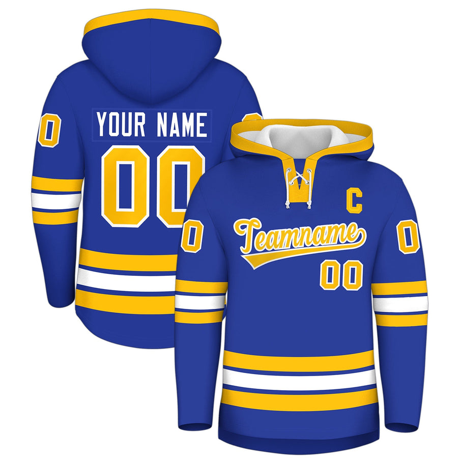 Custom Royal Blue Gold Classic Style Lace-Up Neck Hockey Hoodie | BuyFootballJersey