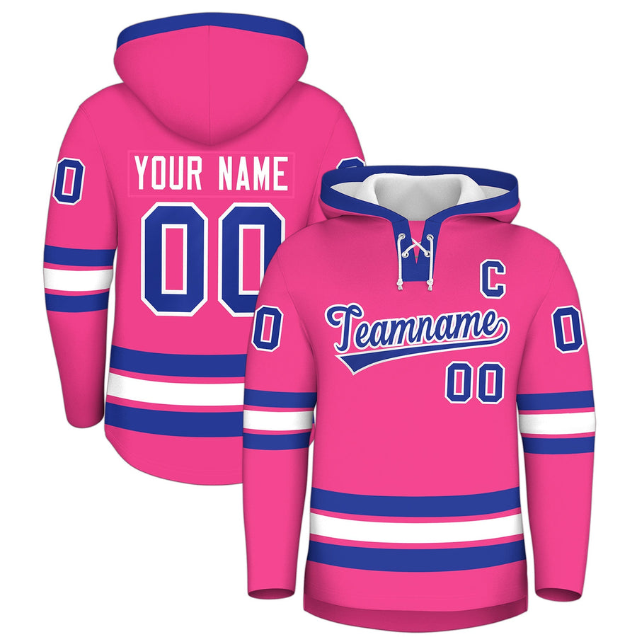 Custom Pink Royal Blue Classic Style Lace-Up Neck Hockey Hoodie | BuyFootballJersey