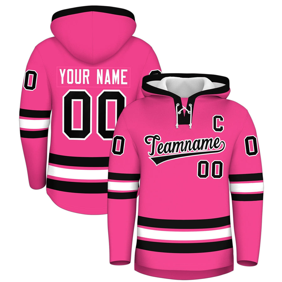 Custom Pink Black Classic Style Wrinkle-Resistant Lace-Up Neck Hockey Hoodie | BuyFootballJersey