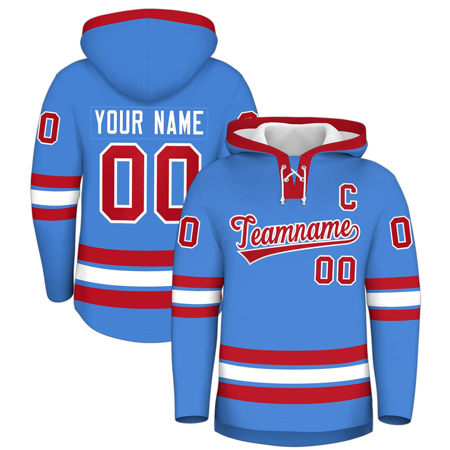 Custom Powder Blue Red Classic Style Lace-Up Neck Hockey Hoodie | BuyFootballJersey