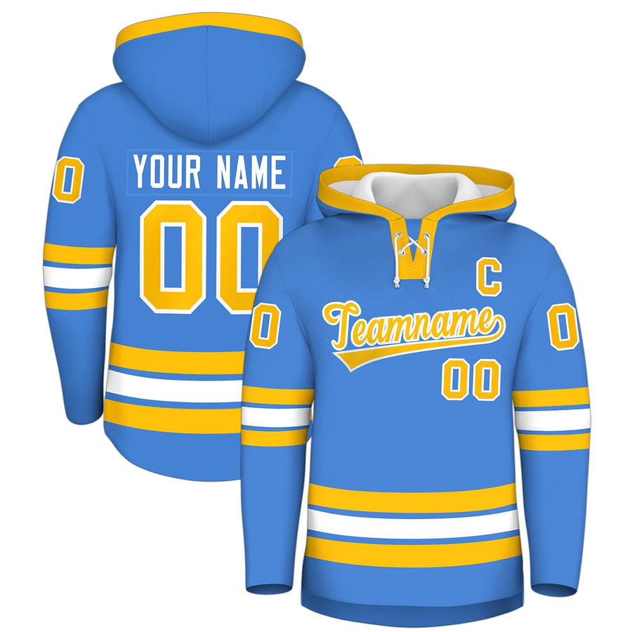 Custom Powder Blue Gold Classic Style Wrinkle-Resistant Lace-Up Neck Hockey Hoodie | BuyFootballJersey