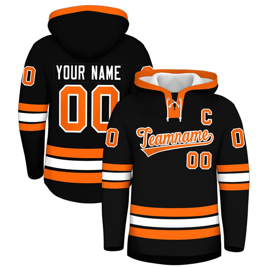 Custom Black Orange Classic Style Wrinkle-Resistant Lace-Up Neck Hockey Hoodie | BuyFootballJersey