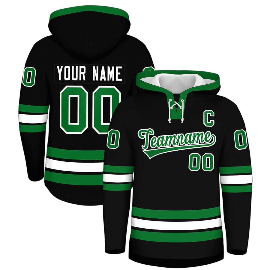 Custom Black Kelly Green Classic Style Lace-Up Neck Hockey Hoodie | BuyFootballJersey
