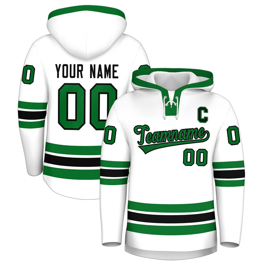Custom White Kelly Green Classic Style Wrinkle-Resistant Lace-Up Neck Hockey Hoodie | BuyFootballJersey