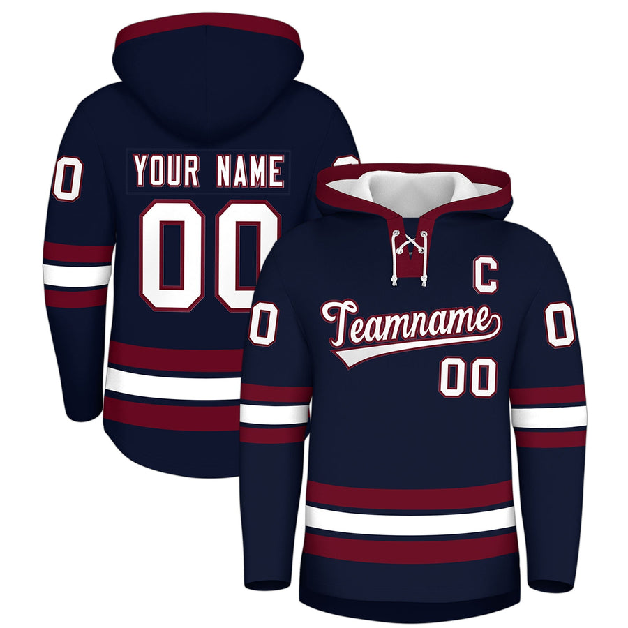 Custom Navy Crimson Classic Style Wrinkle-Resistant Lace-Up Neck Hockey Hoodie | BuyFootballJersey