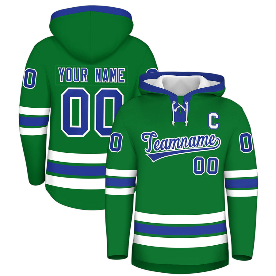 Custom Kelly Green Royal Blue Classic Style Wrinkle-Resistant Lace-Up Neck Hockey Hoodie | BuyFootballJersey