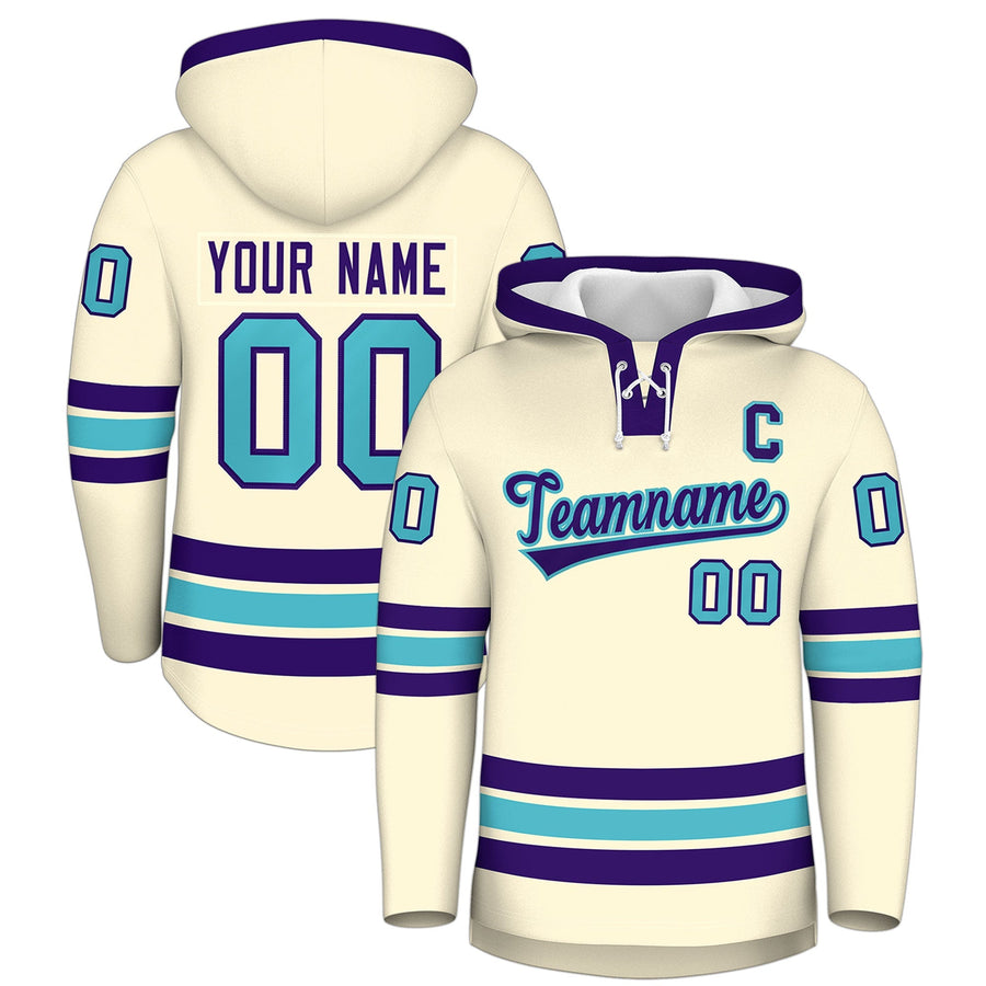 Custom Cream Purple Classic Style Lace-Up Neck Hockey Hoodie | BuyFootballJersey