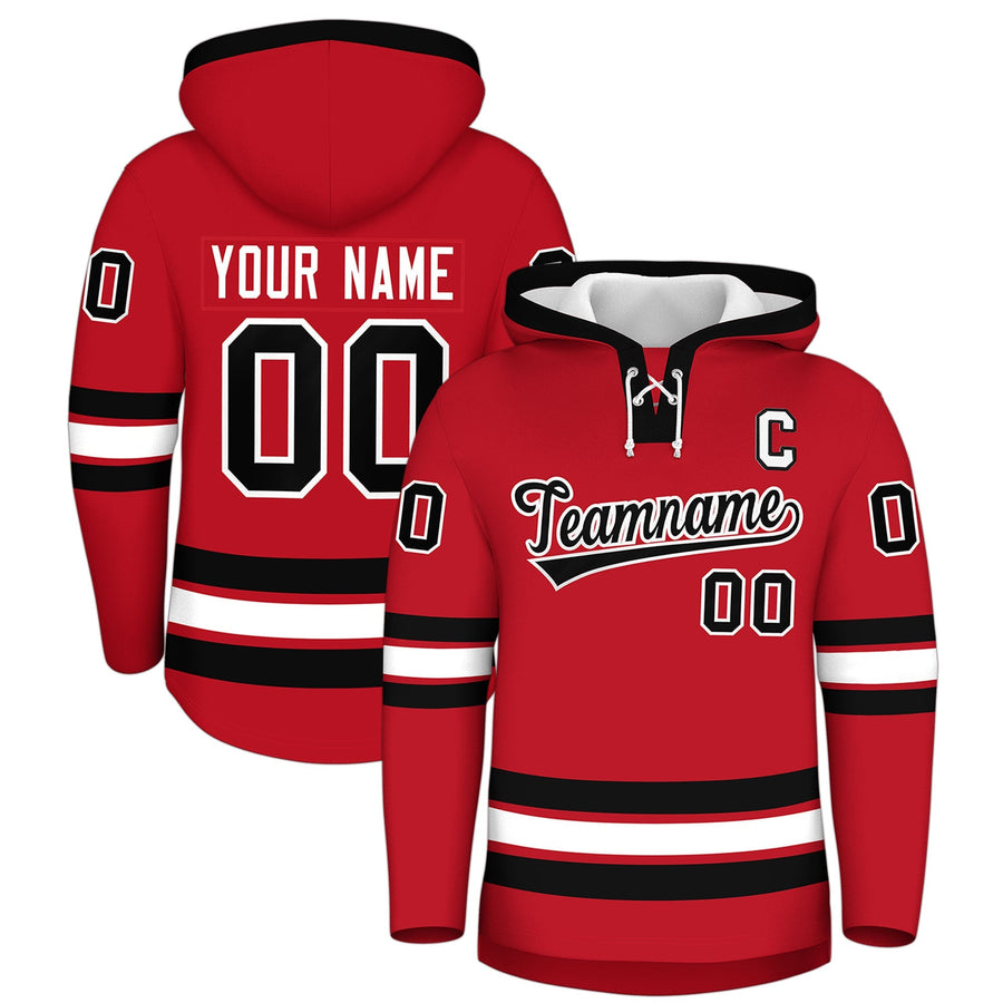 Custom Red Black Classic Style Wrinkle-Resistant Lace-Up Neck Hockey Hoodie | BuyFootballJersey