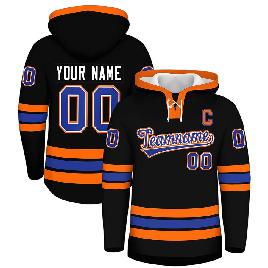 Custom Black Orange Classic Style Lace-Up Neck Hockey Hoodie | BuyFootballJersey