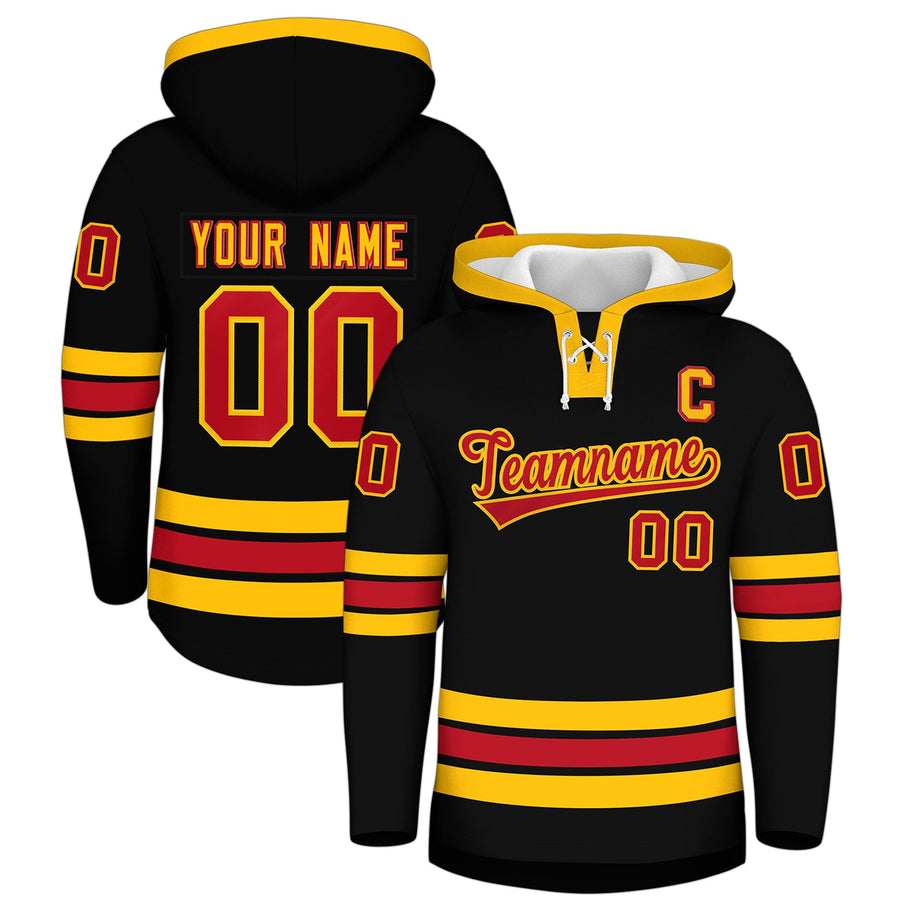 Custom Black Red Classic Style Wrinkle-Resistant Lace-Up Neck Hockey Hoodie | BuyFootballJersey