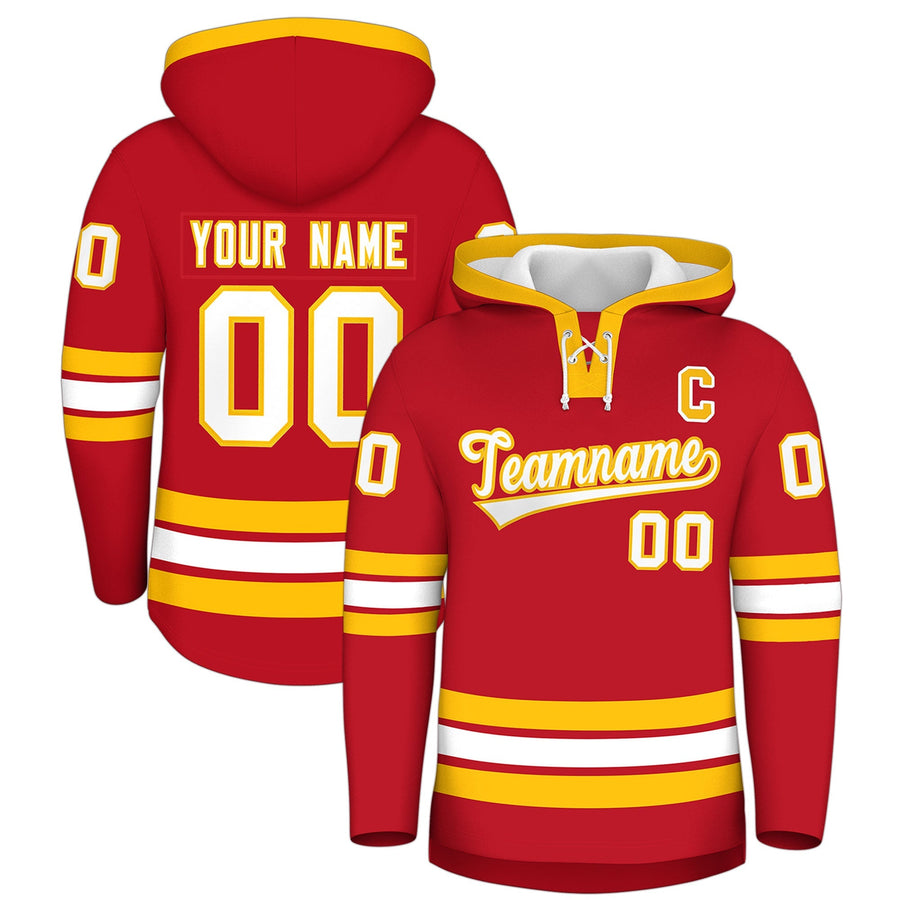Custom Red White Classic Style Lace-Up Neck Hockey Hoodie | BuyFootballJersey