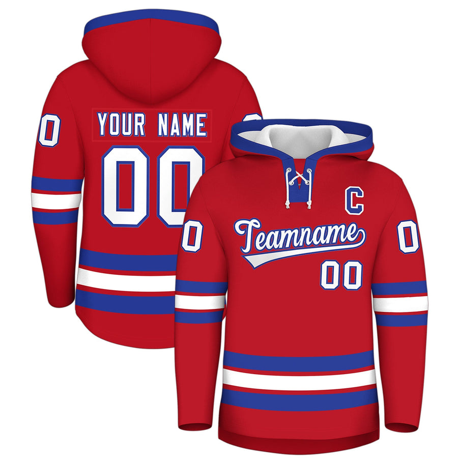 Custom Red Royal Blue Classic Style Wrinkle-Resistant Lace-Up Neck Hockey Hoodie | BuyFootballJersey