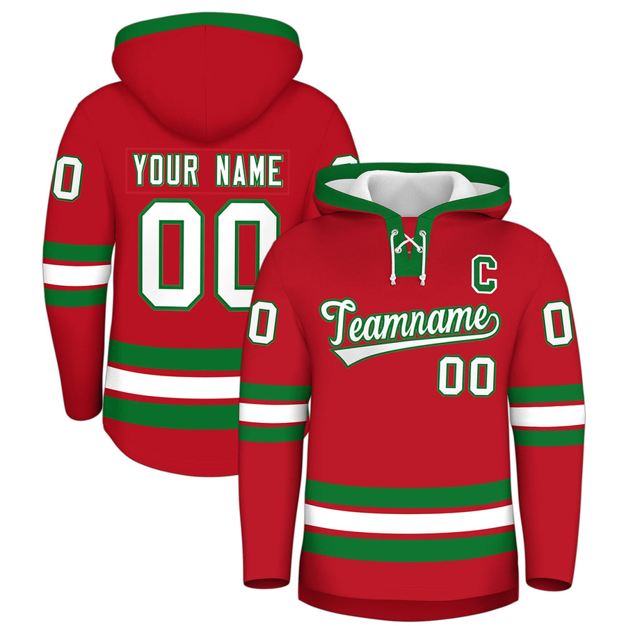 Custom Red Kelly Green Classic Style Lace-Up Neck Hockey Hoodie | BuyFootballJersey