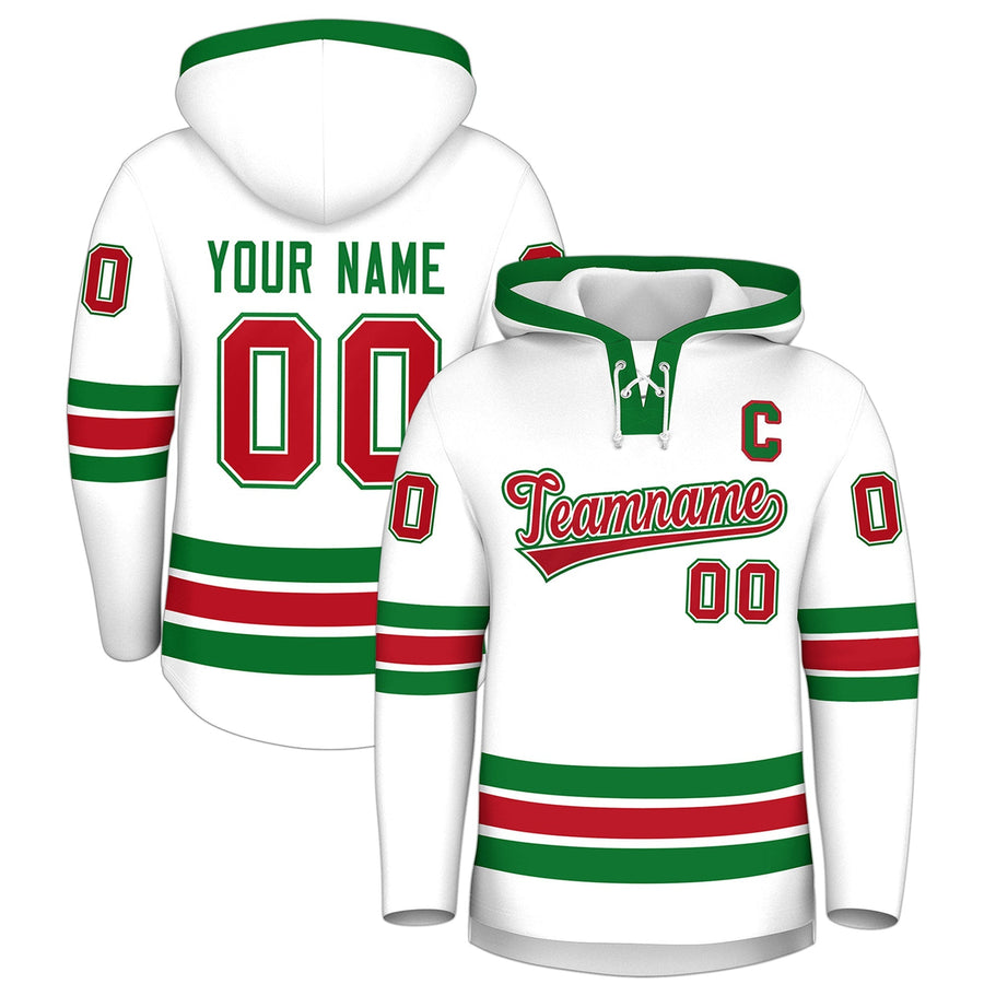 Custom White Kelly Green Classic Style Wrinkle-Resistant Lace-Up Neck Hockey Hoodie | BuyFootballJersey