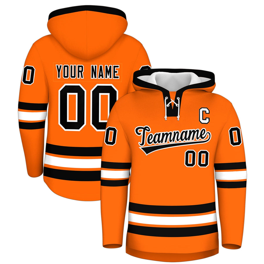 Custom Orange Black Classic Style Lace-Up Neck Hockey Hoodie | BuyFootballJersey
