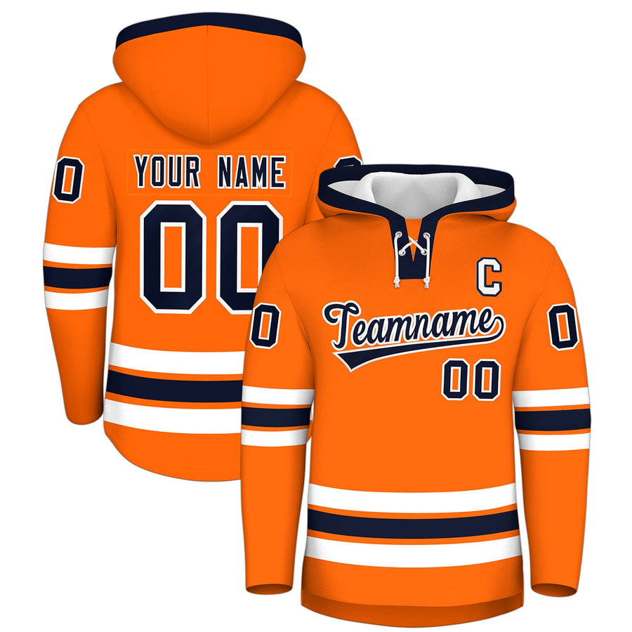 Custom Orange Navy Classic Style Wrinkle-Resistant Lace-Up Neck Hockey Hoodie | BuyFootballJersey