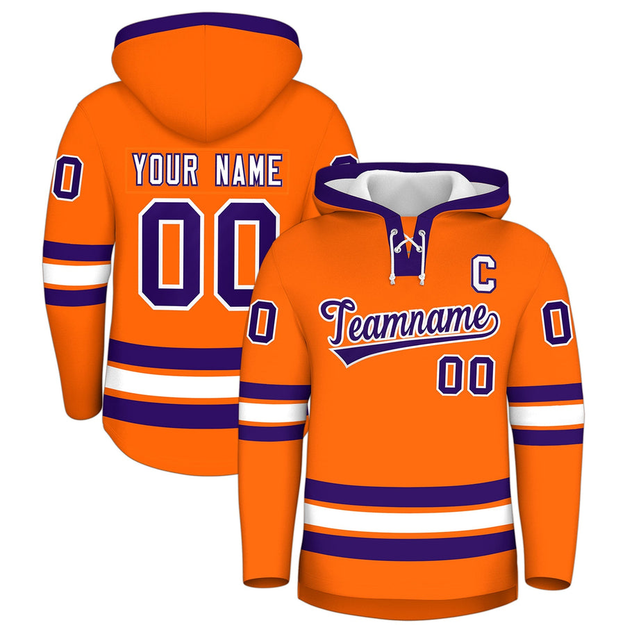 Custom Orange Purple Classic Style Lace-Up Neck Hockey Hoodie | BuyFootballJersey