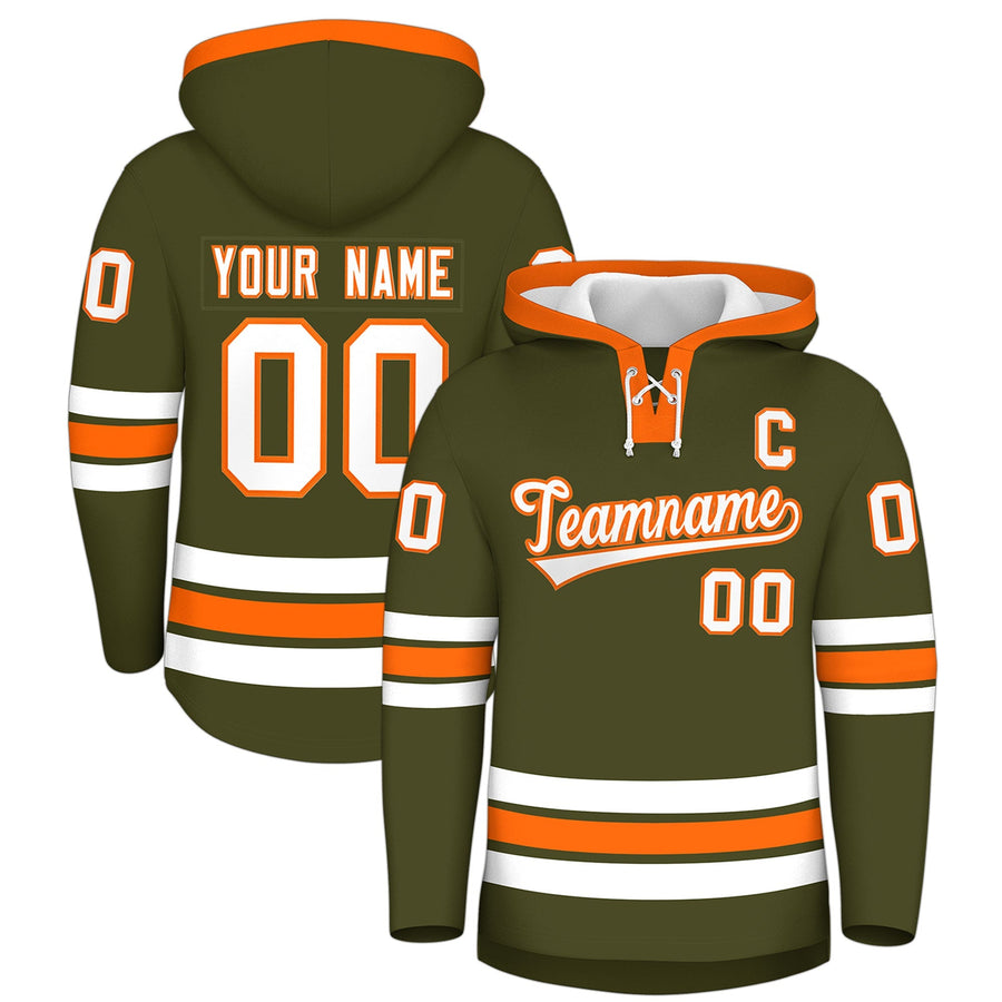 Custom Olive Orange Classic Style Lace-Up Neck Hockey Hoodie | BuyFootballJersey