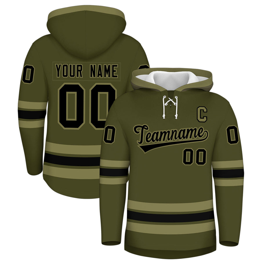 Custom Olive Black Classic Style Wrinkle-Resistant Lace-Up Neck Hockey Hoodie | BuyFootballJersey