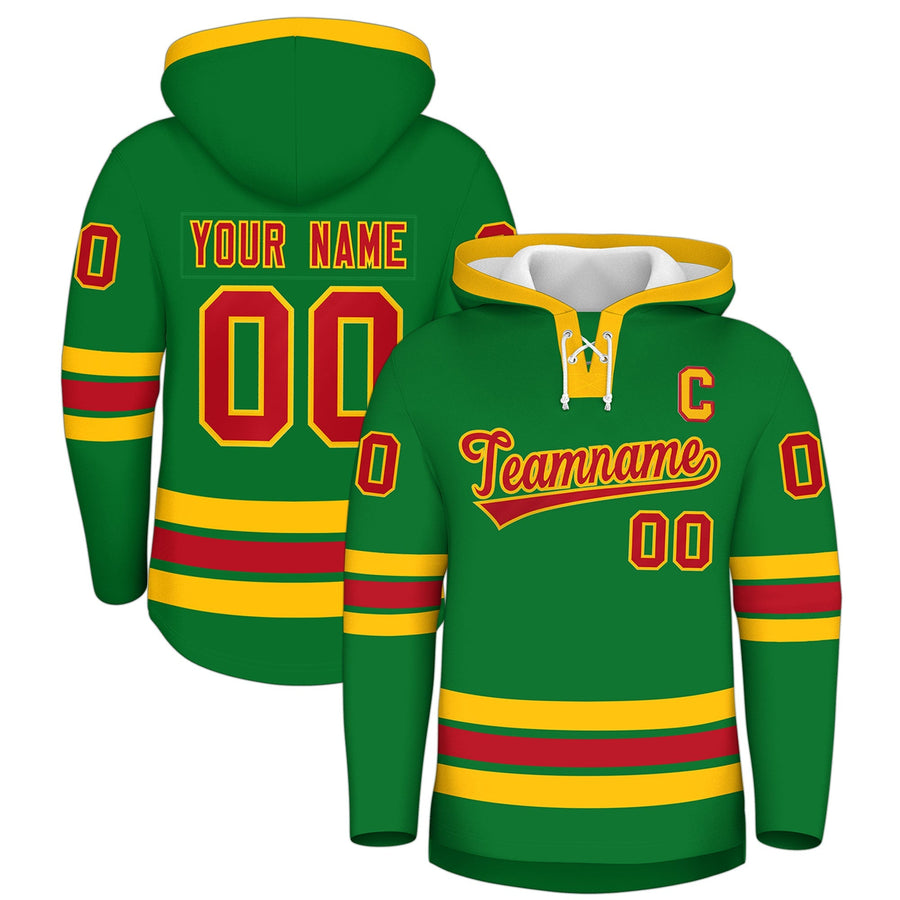 Custom Kelly Green Red Classic Style Wrinkle-Resistant Lace-Up Neck Hockey Hoodie | BuyFootballJersey