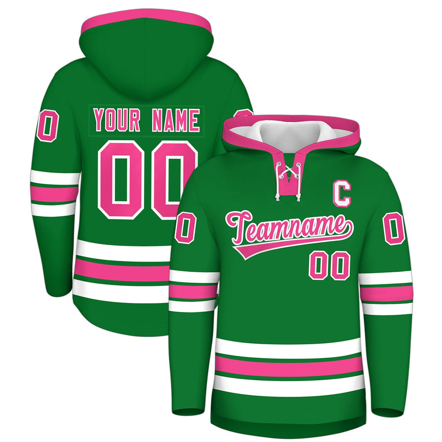 Custom Kelly Green Pink Classic Style Lace-Up Neck Hockey Hoodie | BuyFootballJersey