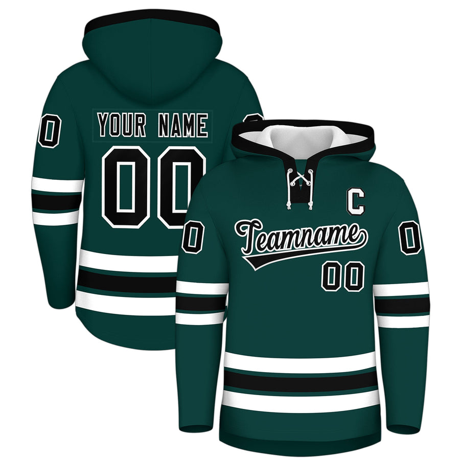 Custom Midnight Green Black Classic Style Wrinkle-Resistant Lace-Up Neck Hockey Hoodie | BuyFootballJersey