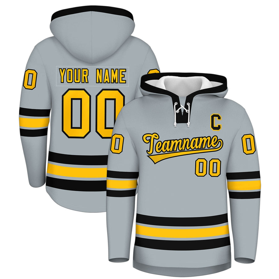 Custom Silver Black Classic Style Lace-Up Neck Hockey Hoodie | BuyFootballJersey