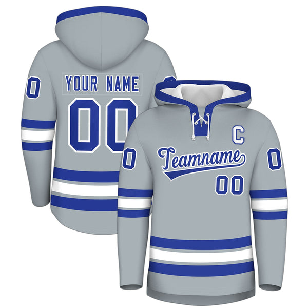 Custom Silver Royal Blue Classic Style Wrinkle-Resistant Lace-Up Neck Hockey Hoodie | BuyFootballJersey