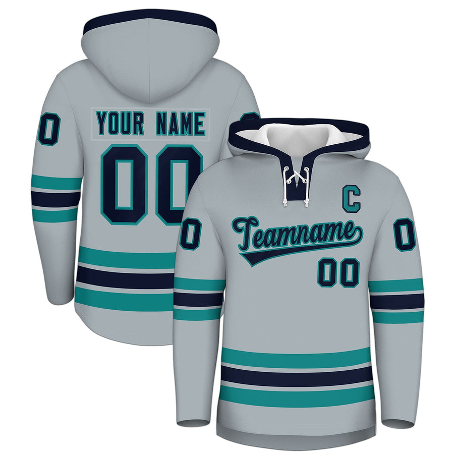 Custom Silver Navy Classic Style Lace-Up Neck Hockey Hoodie | BuyFootballJersey