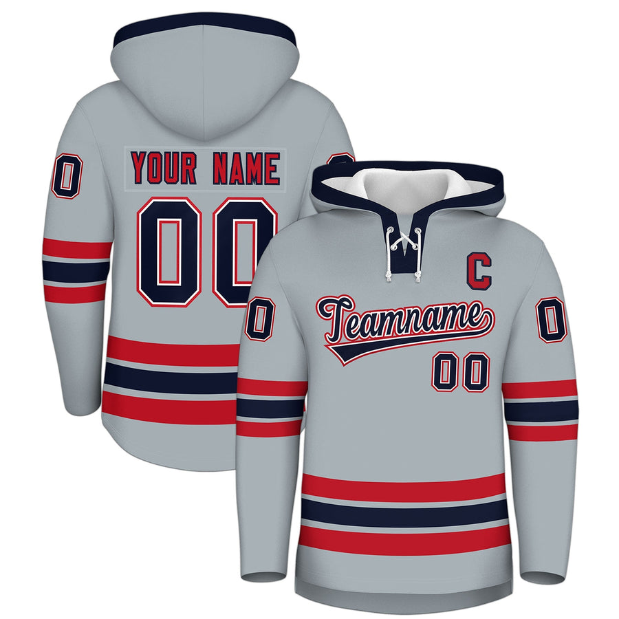 Custom Silver Navy Classic Style Wrinkle-Resistant Lace-Up Neck Hockey Hoodie | BuyFootballJersey