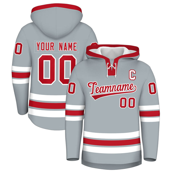 Custom Silver Red Classic Style Lace-Up Neck Hockey Hoodie | BuyFootballJersey