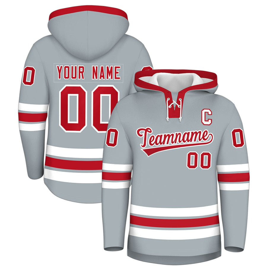 Custom Silver Red Classic Style Lace-Up Neck Hockey Hoodie | BuyFootballJersey