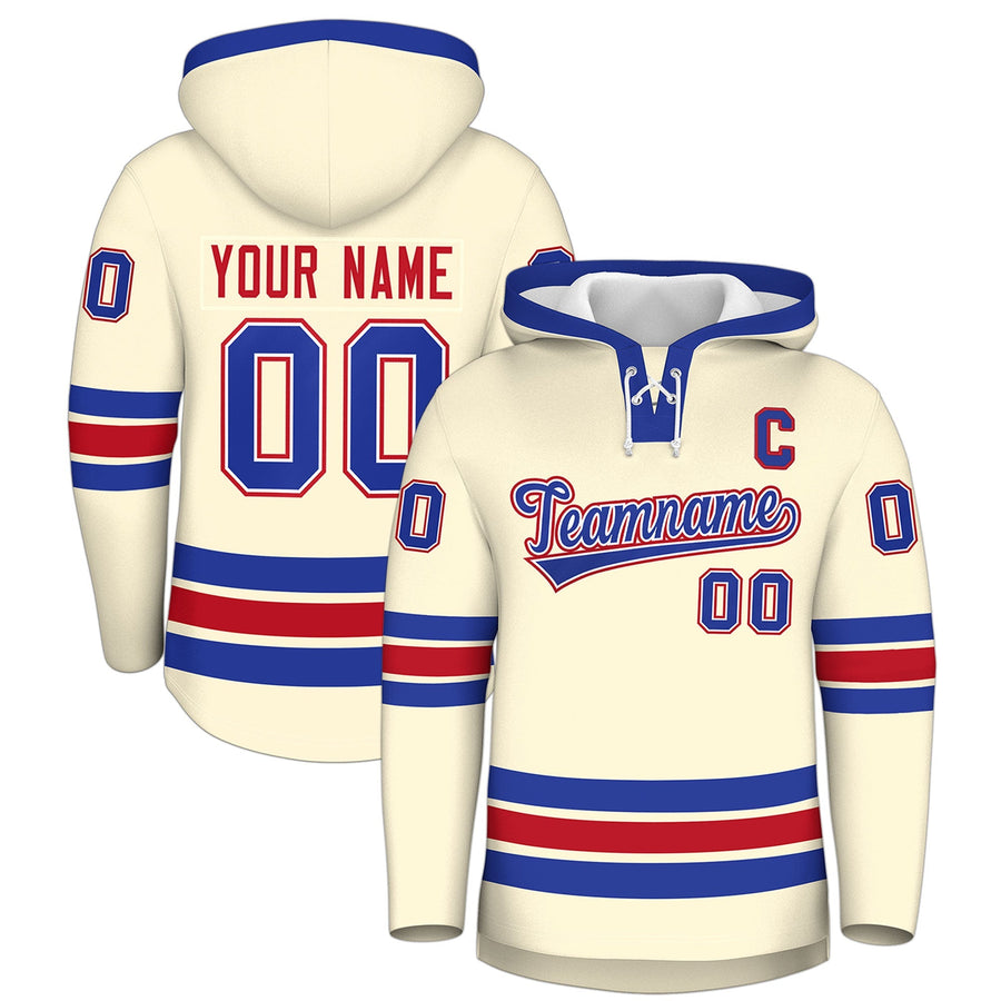 Custom Cream Royal Blue Classic Style Wrinkle-Resistant Lace-Up Neck Hockey Hoodie | BuyFootballJersey