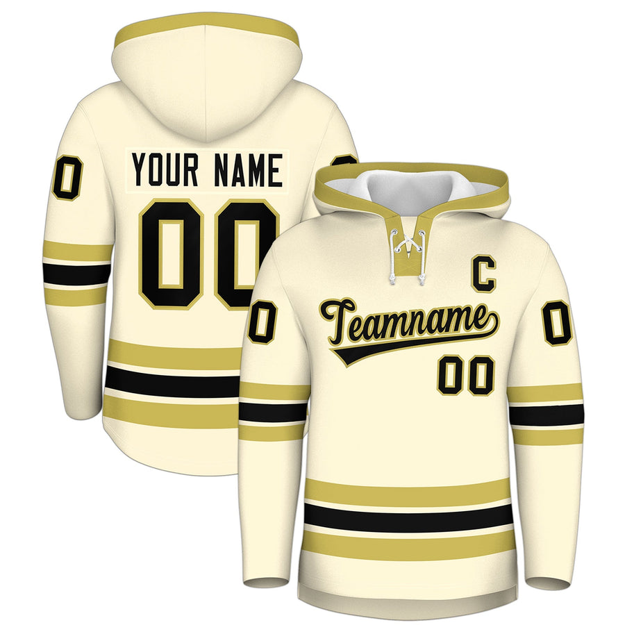 Custom Cream Old Gold Classic Style Lace-Up Neck Hockey Hoodie | BuyFootballJersey