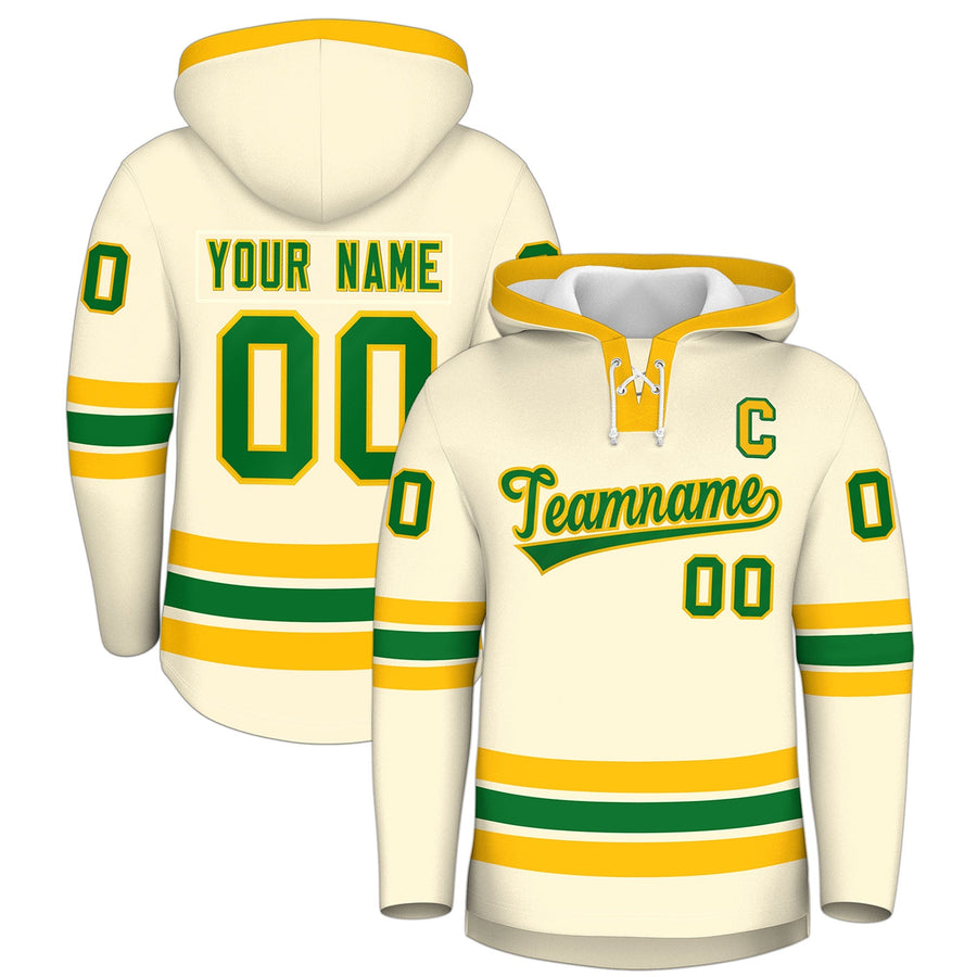 Custom Cream Kelly Green Classic Style Wrinkle-Resistant Lace-Up Neck Hockey Hoodie | BuyFootballJersey