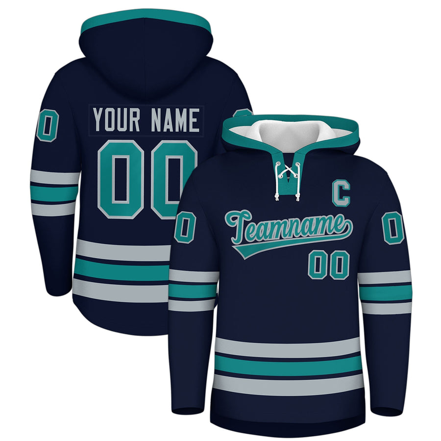 Custom Navy Teal Classic Style Lace-Up Neck Hockey Hoodie | BuyFootballJersey